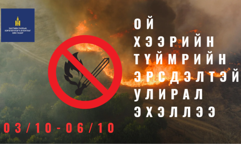 Улсын хэмжээнд 2025 онд 15 аймгийн 84 сум, нийслэлийн 3 дүүрэгт нийт 273 удаагийн ой, хээрийн гал түймэр бүртгэгдсэн нь 2024 онтой харьцуулахад 2 дахин өссөн үзүүлэлт боллоо.